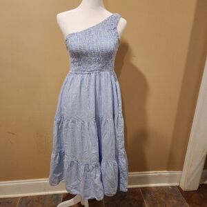 Blue and white striped one shoulder dress